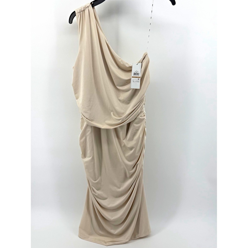 DKNY Beige One-Shoulder Ruched Knit Lined Stretch Long Sheath Dress Size 12